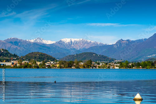 Promenade of Lugano with the beautiful scenery of lake Lugano, canton of Ticino, Switzerland