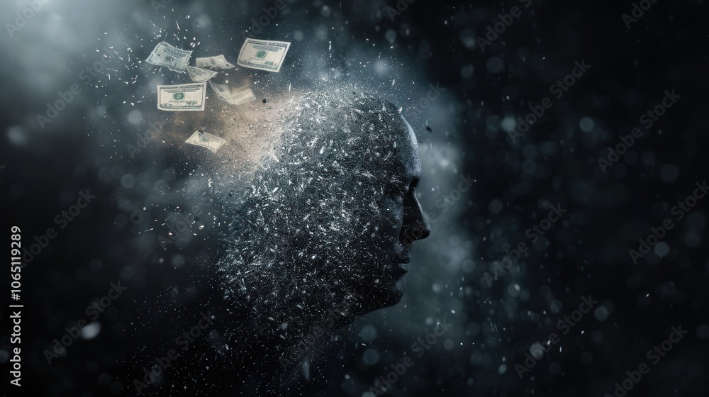 Naklejka premium A surreal depiction of a human silhouette dissolving into particles, suggesting thoughts or ideas, with elements resembling currency floating within.