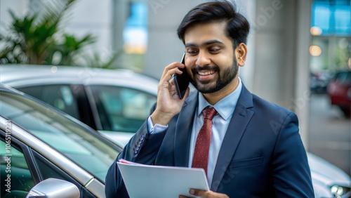 An Indian insurance agent providing customer service over the phone with a car insurance brochure.	
