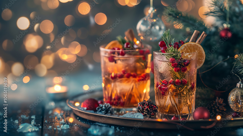 Glass of two winter drinks nicely decorated with orange and cinnamon, in the background of Christmas tree. Uplifting Christmas photography perfect for winter holidays greeting card or xmas banner. Glass of two winter drinks nicely decorated with orange and cinnamon, in the background of Christmas tree. Uplifting Christmas photography perfect for winter holidays greeting card or xmas banner.