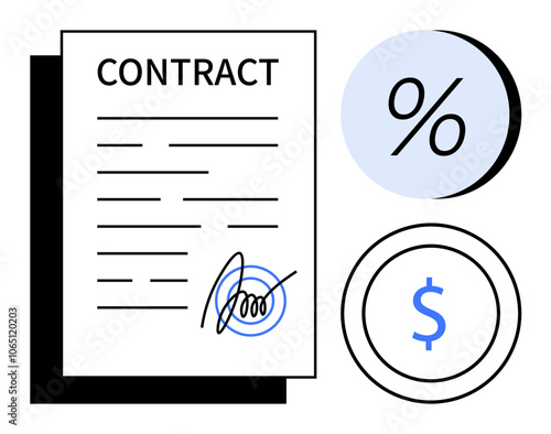 Contract with signature next to percentage and dollar usd symbols. Ideal for business agreements, investment planning, legal documents, financial contracts, blockchain technology, digital