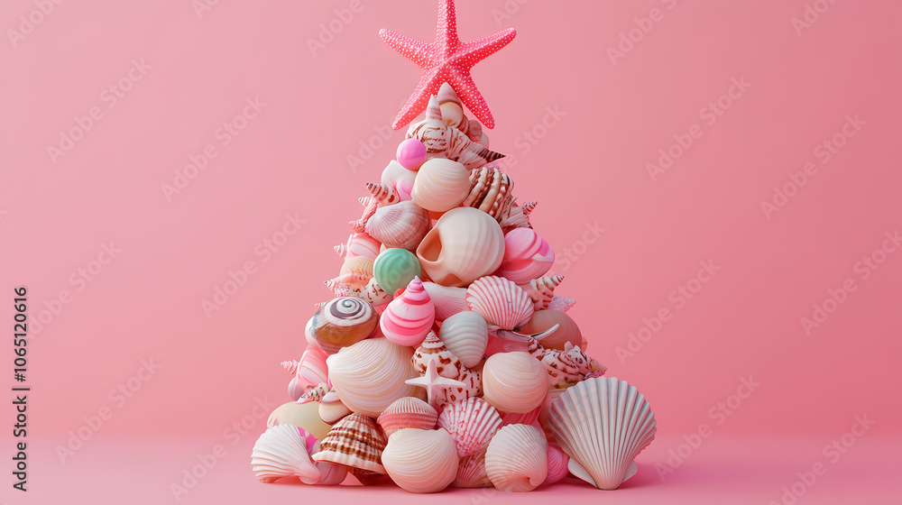 3D animated christmas ornament featuring seashells and sea creatures with a starfish on top, made from beach elements 3D animated christmas ornament featuring seashells and sea creatures with a starfish on top, made from beach elements