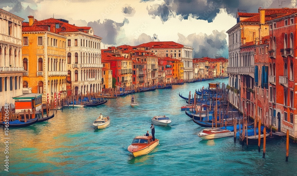 Fototapeta premium Watercolor Beautiful view of the Grand Canal with boats and colorful facades of old medieval houses from the Rialto Bridge in Venice, Italy. Venice is a popular