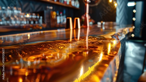 Epoxy resin coating on a bar top, highlighting the unbroken, crystal-clear finish, with a focus on the careful application process photo