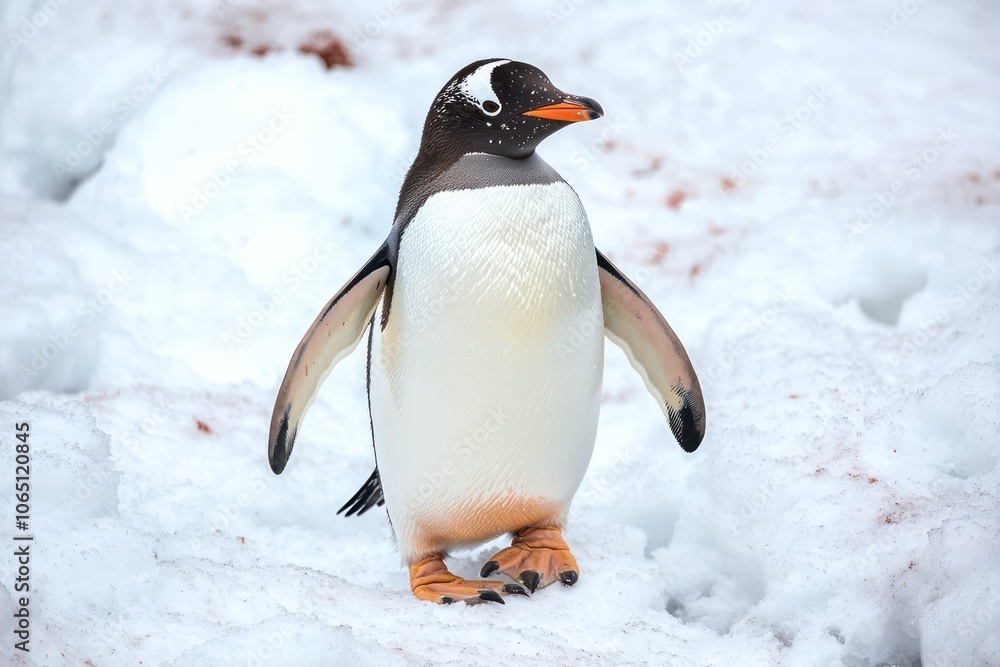 Fototapeta premium Gentoo penguin walking on snow in cold Antarctica