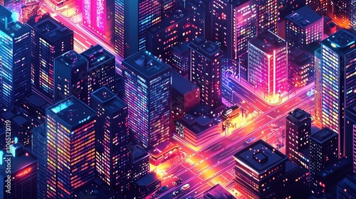 Futuristic neon cityscape at night with vibrant grid street design and illuminated skyscrapers, capturing dynamic urban energy and modern architecture photo