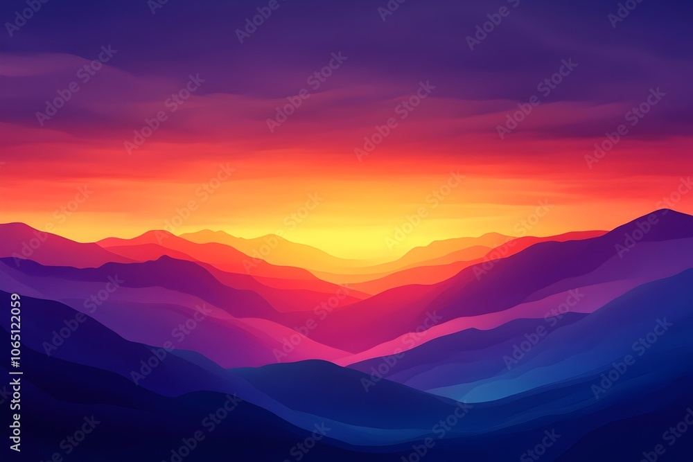 A stunning digital artwork depicting a vibrant sunset over layered mountains, showcasing hues of orange, purple, and blue that create a serene and tranquil atmosphere. A stunning digital artwork depicting a vibrant sunset over layered mountains, showcasing hues of orange, purple, and blue that create a serene and tranquil atmosphere.