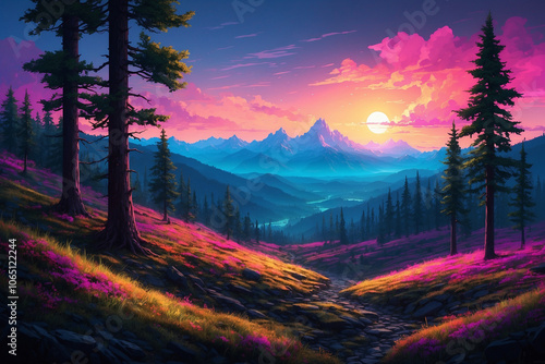 A pixelated forest and mountainous landscape, glitching slightly, like a nature scene in a digital simulation. Vibrant neon hues and virtual errors enhance the sense of an artificial photo