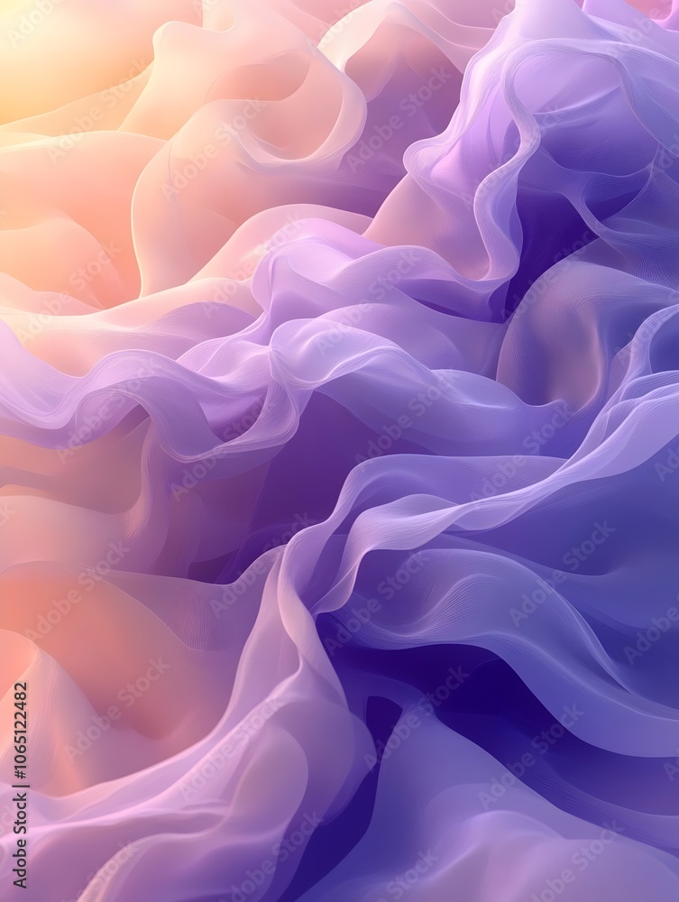 Fototapeta premium Abstract swirl of translucent fabric in soft lavender and peach tones, creating a serene, dreamlike atmosphere. The flowing curves evoke a sense of calm and fluidity.