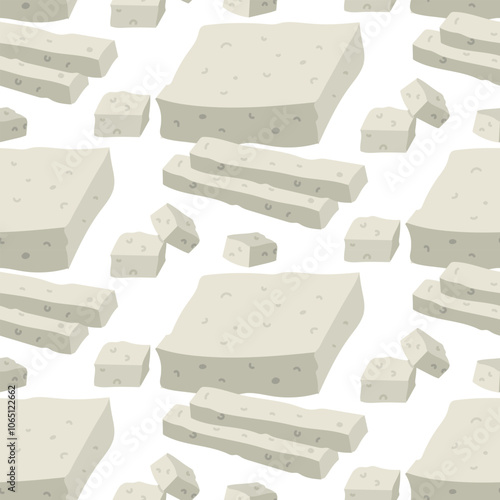 pattern of flat pieces of feta cheese, on white. A whole piece, a rectangle, a cube of pressed dairy product, sliced and diced. White Greek curd cheese made from milk. Texture for the dairy food menu