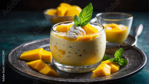 Fresh mango pudding topped with coconut cream and garnished with mint, served in a glass dish with vibrant lighting.
