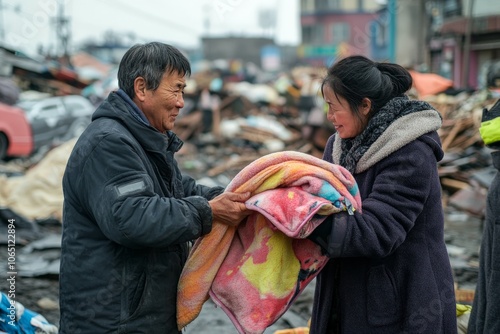 In a scene of disarray, a man kindly hands a colorful blanket to a woman, representing care and resilience in a challenging urban environment. photo