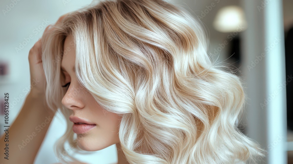 Blonde Woman with Soft, Wavy Hair Styled in a Salon, Close-Up of Hairstylist Perfecting the Luxurious Look in a Relaxed Atmosphere