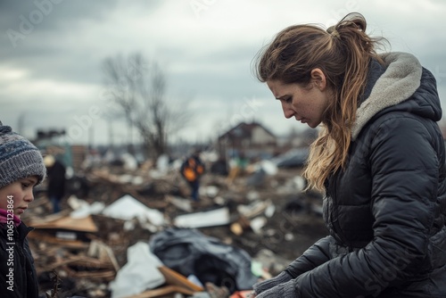 A woman in a dark coat collects essential items amidst a challenging outdoor environment, representing themes of survival, determination, and community resilience.