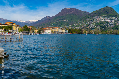 Promenade of Lugano with the beautiful scenery of lake Lugano, canton of Ticino, Switzerland