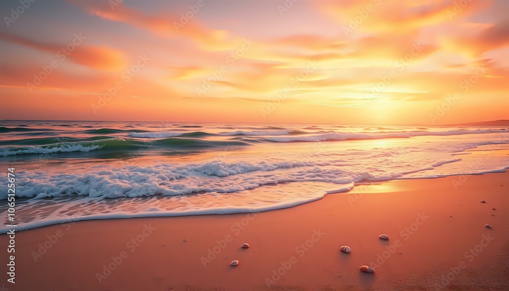 Obraz premium Serene Beach Sunset Reflection, Warm Hues, Tranquil Seaside Scene (16:9)