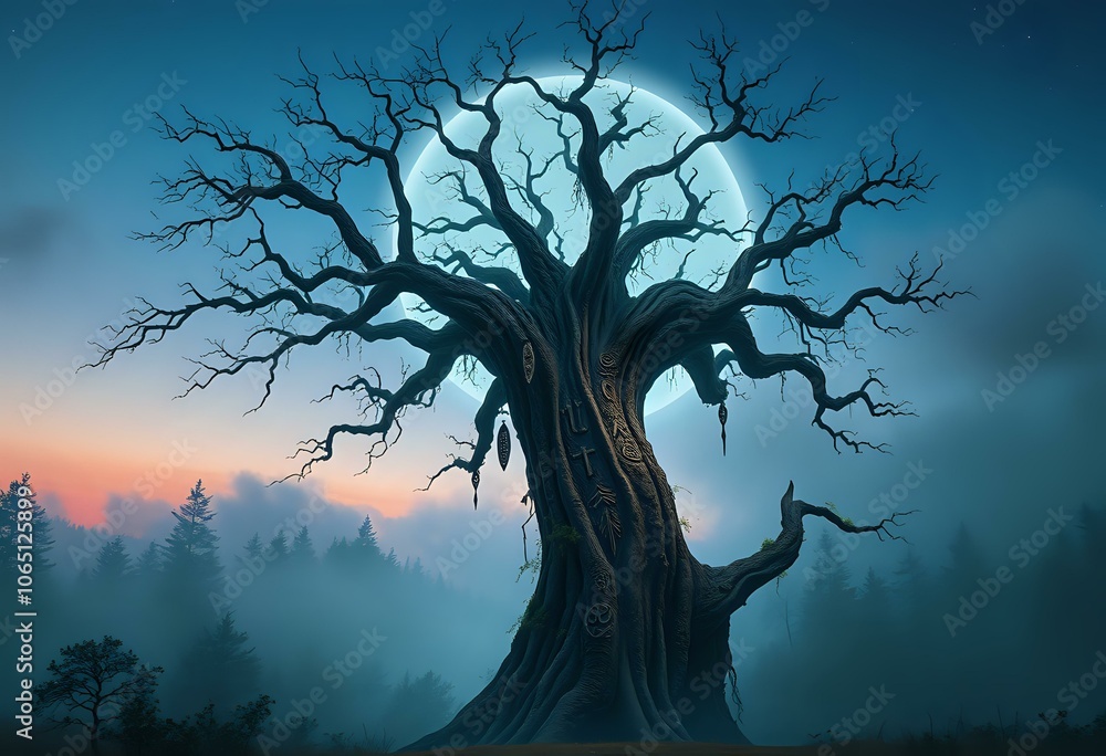Fototapeta premium Ancient Tree Silhouette Against Foggy Forest at Dusk