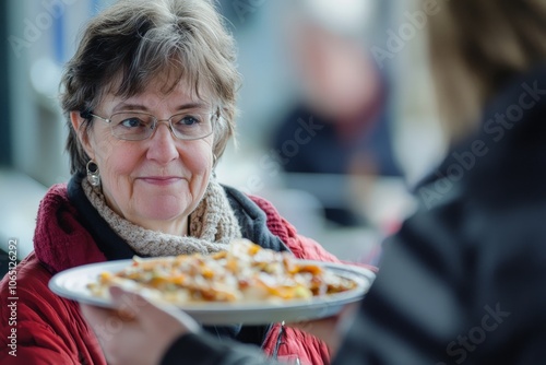 In a candid moment, a smiling woman in glasses gratefully receives a hearty plate of food, highlighting gratitude, kindness, and human connection. photo