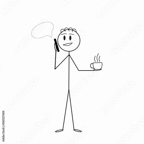 pictogram, stick man with phone and cup of coffee, smiling, friendly, emotions, flat  illustration