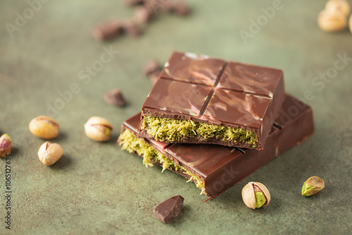 Dubai chocolate  with green kataifi and pistachio paste. Trend dessert photo