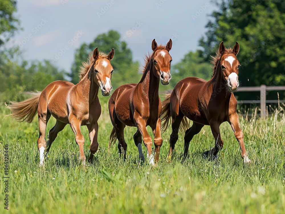 Fototapeta premium Group three young horses frolicking in a pasture