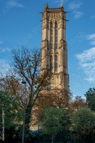 Paris, France - 10 28 2024: View of the Saint-Jacques Tower from Adolphe Adam Street.