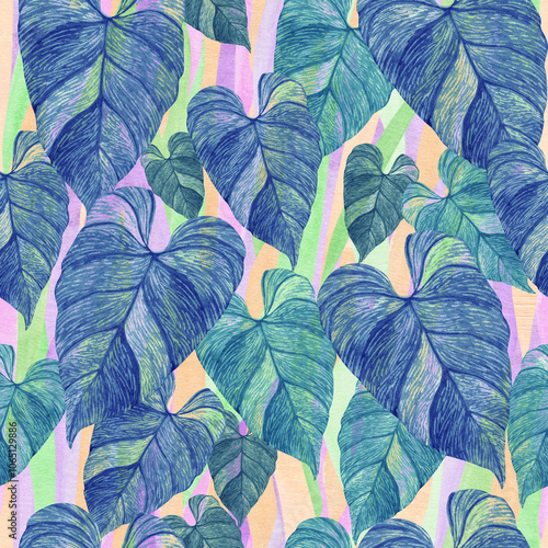 Jungle foliage seamless pattern on a colorful watercolor background