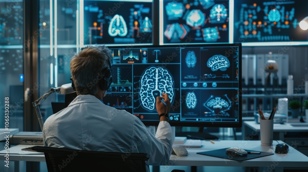 A doctor is looking at a computer monitor displaying a series of brain scans. A doctor is looking at a computer monitor displaying a series of brain scans.