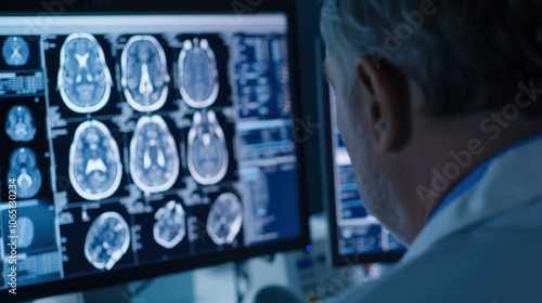 Doctor is diagnosing an elderly patient with a neurodegenerative brain disease by examining their MRI scan in order to determine the appropriate neurological treatment photo