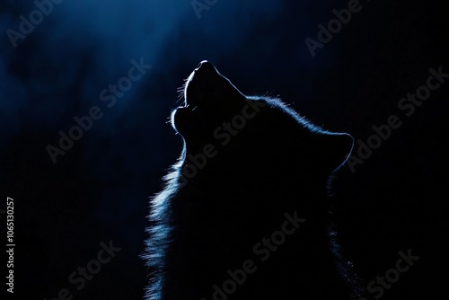 This image displays a lone wolf howling in silhouette against a backdrop of haunting blue night, conveying themes of solitude and primal instinct within the wild. photo