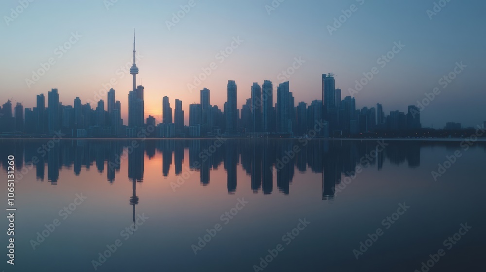 Fototapeta premium Sunset Reflection Over Urban Skyline