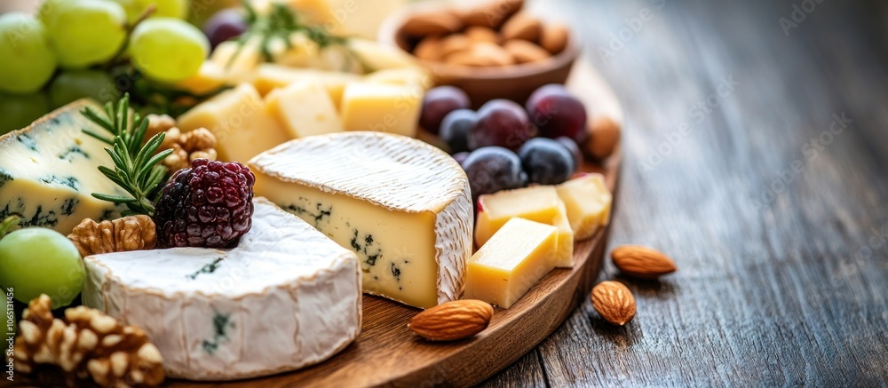 Fototapeta premium Gourmet Cheese Board with Grapes, Almonds and Rosemary.