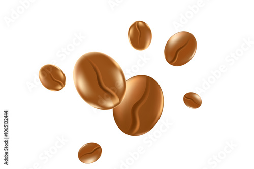 Cute 3D roasted coffee beans isolated PNG, transparent background. Elegant coffee seeds decoration element for cafe menu presentation, coffee shop poster ads, infographics, commercial banner sticker