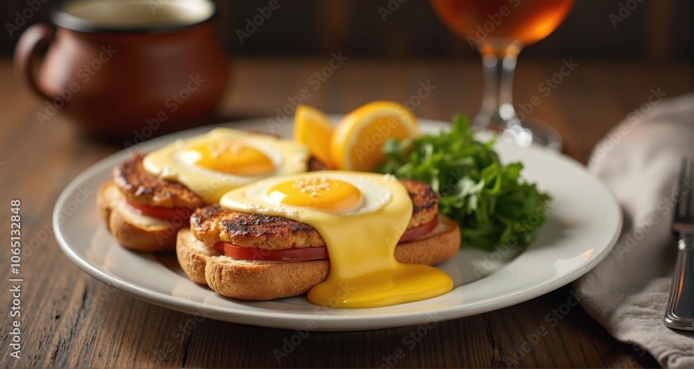 Delicious brunch with poached eggs Delicious brunch with poached eggs