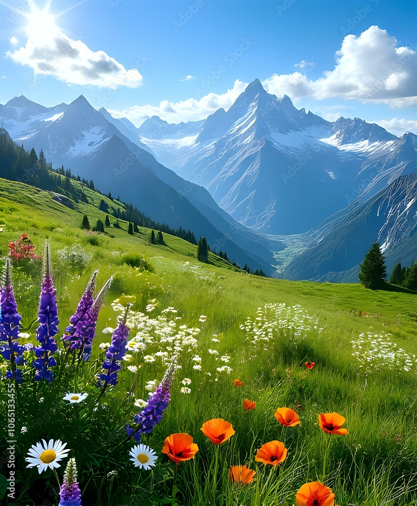 Fototapeta premium Alpine Meadow Panorama - Sun-Drenched Vista