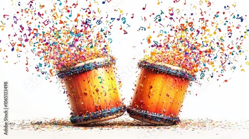 Two drums are at the heart of a dynamic scene, bursting with vivid colors and musical notes, symbolizing the lively intersection of music and visual arts. photo