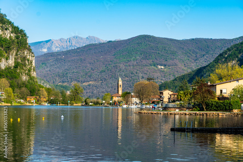 Promenade of Lugano with the beautiful scenery of lake Lugano, canton of Ticino, Switzerland