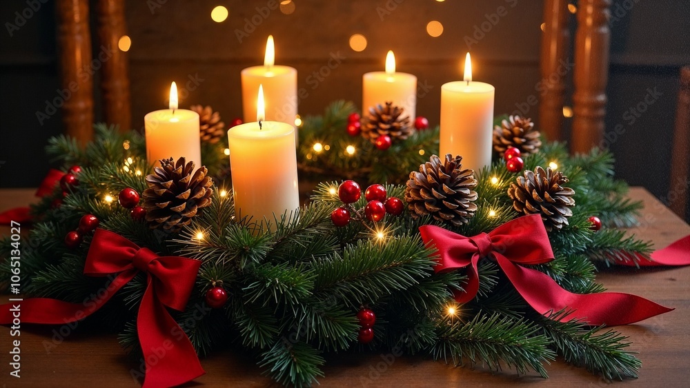 A festive candle arrangement adorned with pinecones and ribbons, evoking the warmth of the holiday season in a cozy setting A festive candle arrangement adorned with pinecones and ribbons, evoking the warmth of the holiday season in a cozy setting