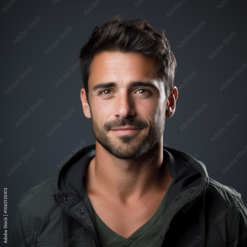 Fototapeta premium Young man in a casual denim jacket with a confident look on a light gray background
