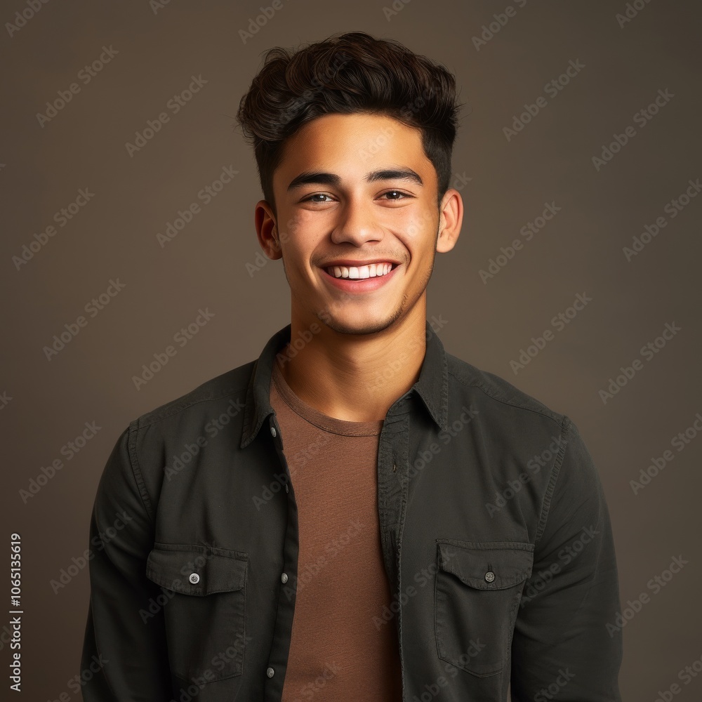 Fototapeta premium Headshot of a young man in a casual shirt with a calm expression on a solid color background