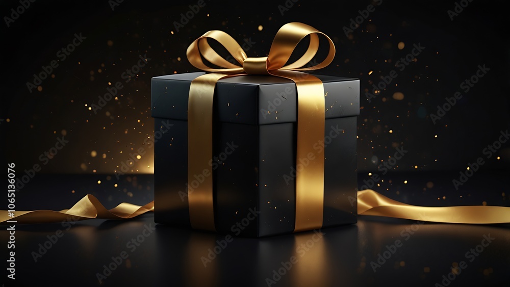 Elegant black and gold gift box surrounded by colorful details on a dark backdrop, with glittering particles giving a sense of celebration and exclusivity. Elegant black and gold gift box surrounded by colorful details on a dark backdrop, with glittering particles giving a sense of celebration and exclusivity.