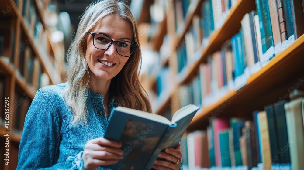 Young woman reading a book in a library Young woman reading a book in a library