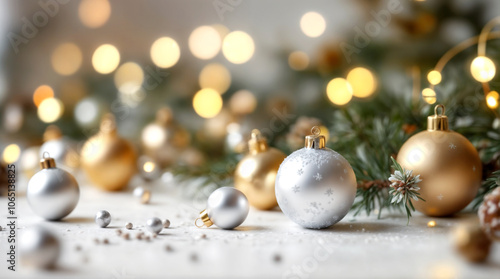 Atmosfera Natalizia Luminosa- Sfere Dorate e Argentate tra Luci Sfocate