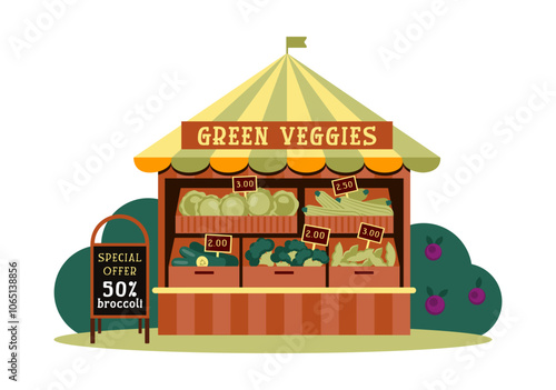 Eco Market Kiosk Selling Fresh Green Vegetables with Special Offer Board