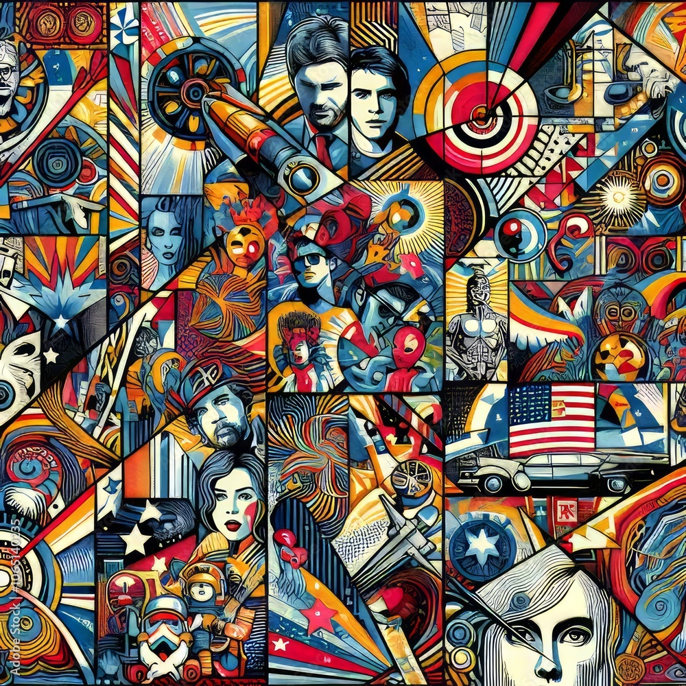Fototapeta premium Incorporating popular culture imagery into collages often with a