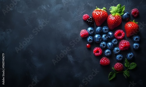 Berries overhead closeup colorful large assorted mix of strawbwerry, blueberry, raspberry, blackberry, red curant in studio on dark background photo