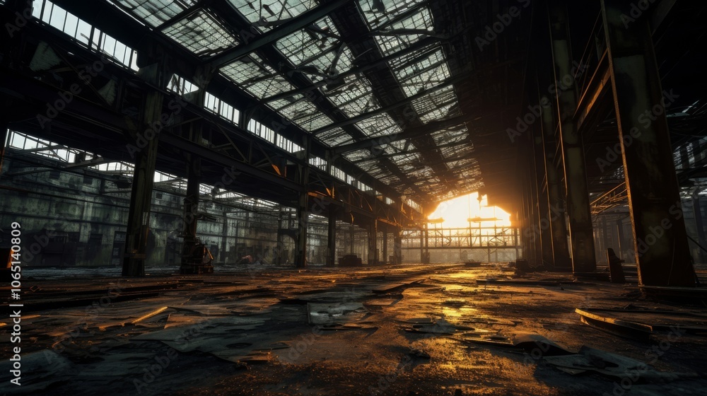Eerie dusk view of an abandoned industrial complex with rusting machinery and decaying structures. Eerie dusk view of an abandoned industrial complex with rusting machinery and decaying structures.