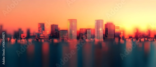 Futuristic digital cityscape with towering skyscrapers bathed in a warm vibrant sunset glow overlaid with a silhouetted smart grid network pattern creating a dynamic photo