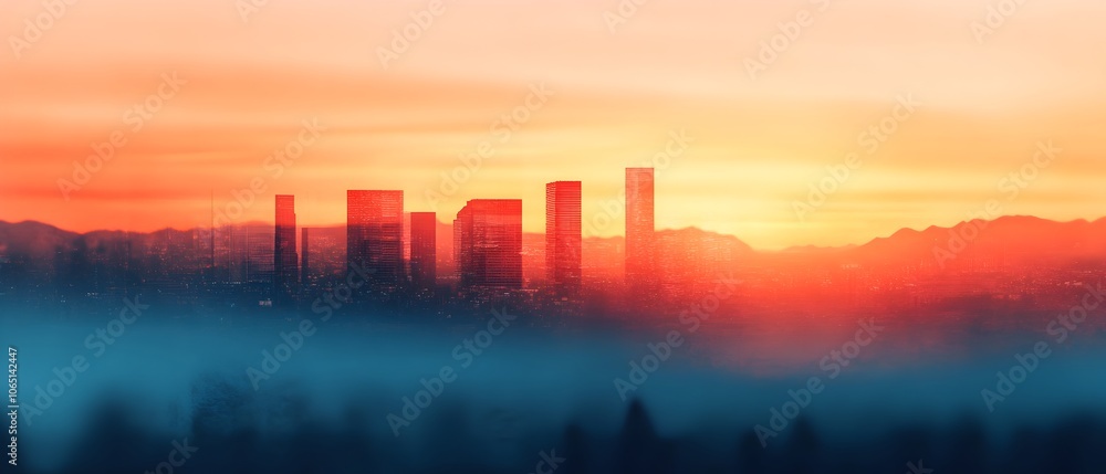 Fototapeta premium Futuristic smart city skyline with towering skyscrapers and a vibrant sunset glow creating a silhouette of urban connectivity and technological innovation