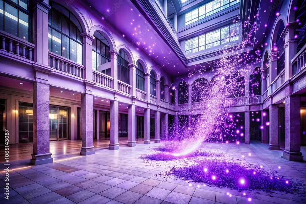 Fototapeta premium Architectural Photography of Purple Particles with Light Purple Background Lights and Explosive Particle Effects, Stunning Visuals for Creative Projects and Digital Media